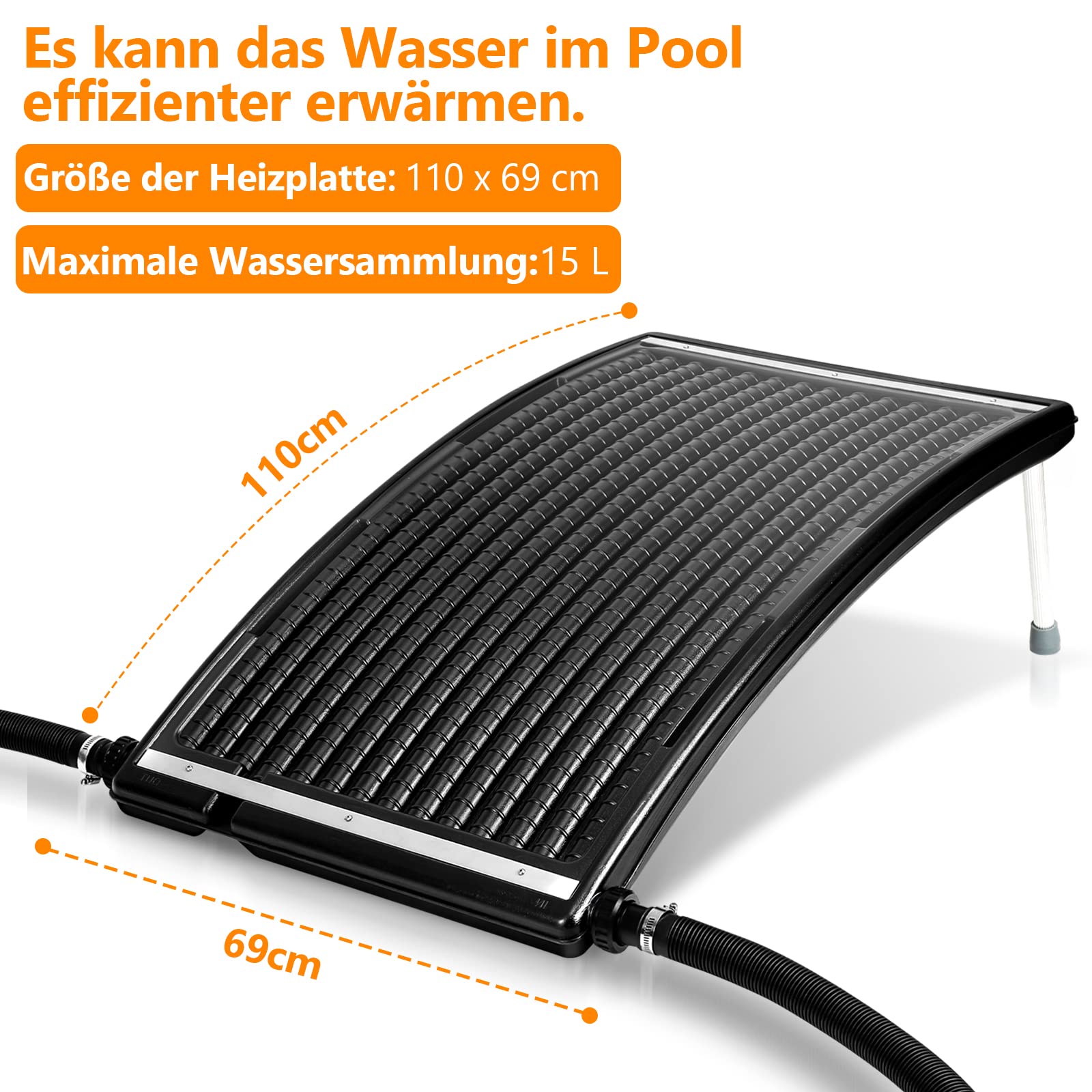 Randaco Panel solar para calefacción de piscina, color negro, 110 x 69 x 14 cm, conexión Ø 38 mm, calefacción solar para piscina, sistema solar para agua caliente, ducha de jardín, piscina