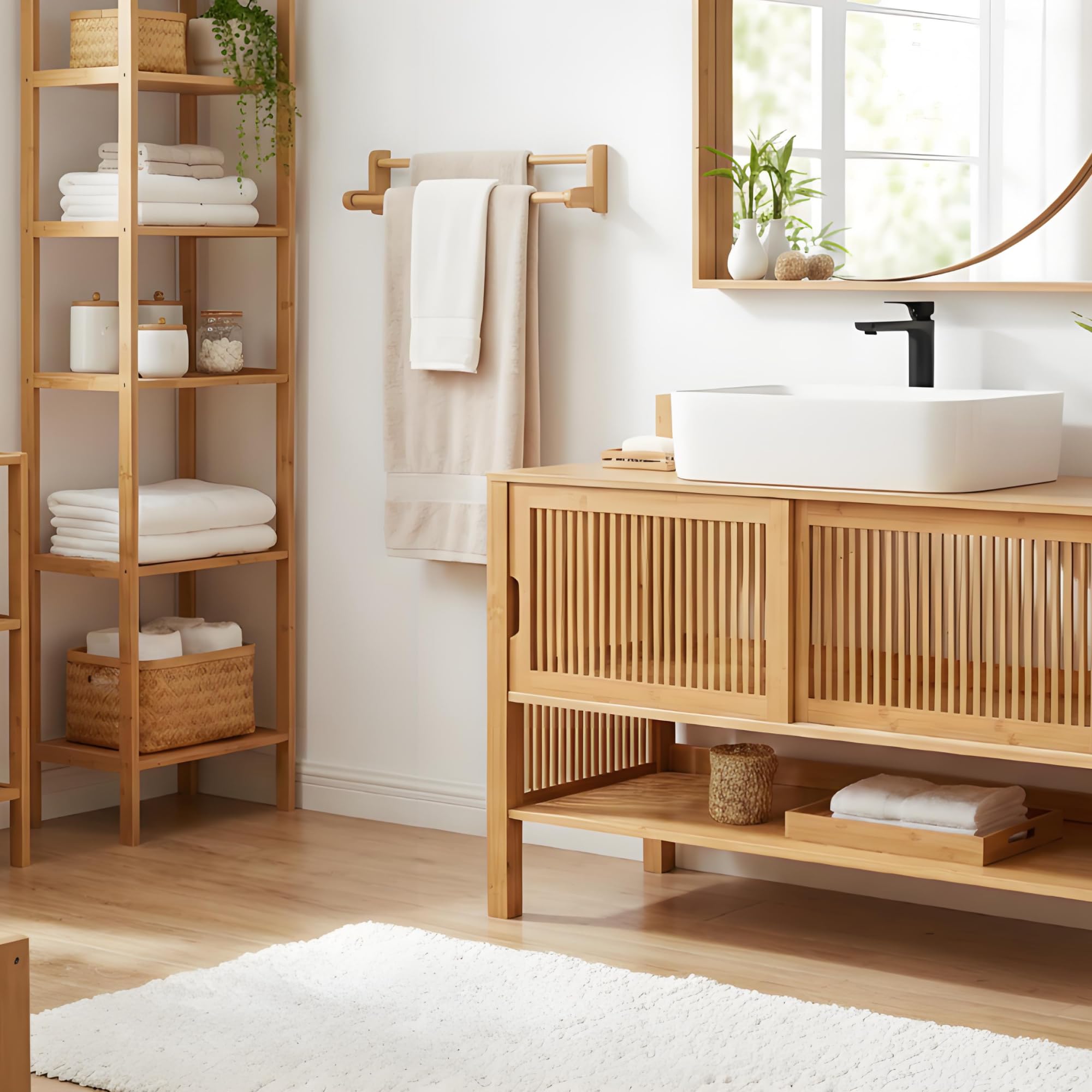 Meuble sous-lavabo 100 cm de large – Meuble de salle de bain en bambou avec portes coulissantes, meuble sous-lavabo naturel avec compartiment ouvert, meuble sous-vasque 100x45x60 cm