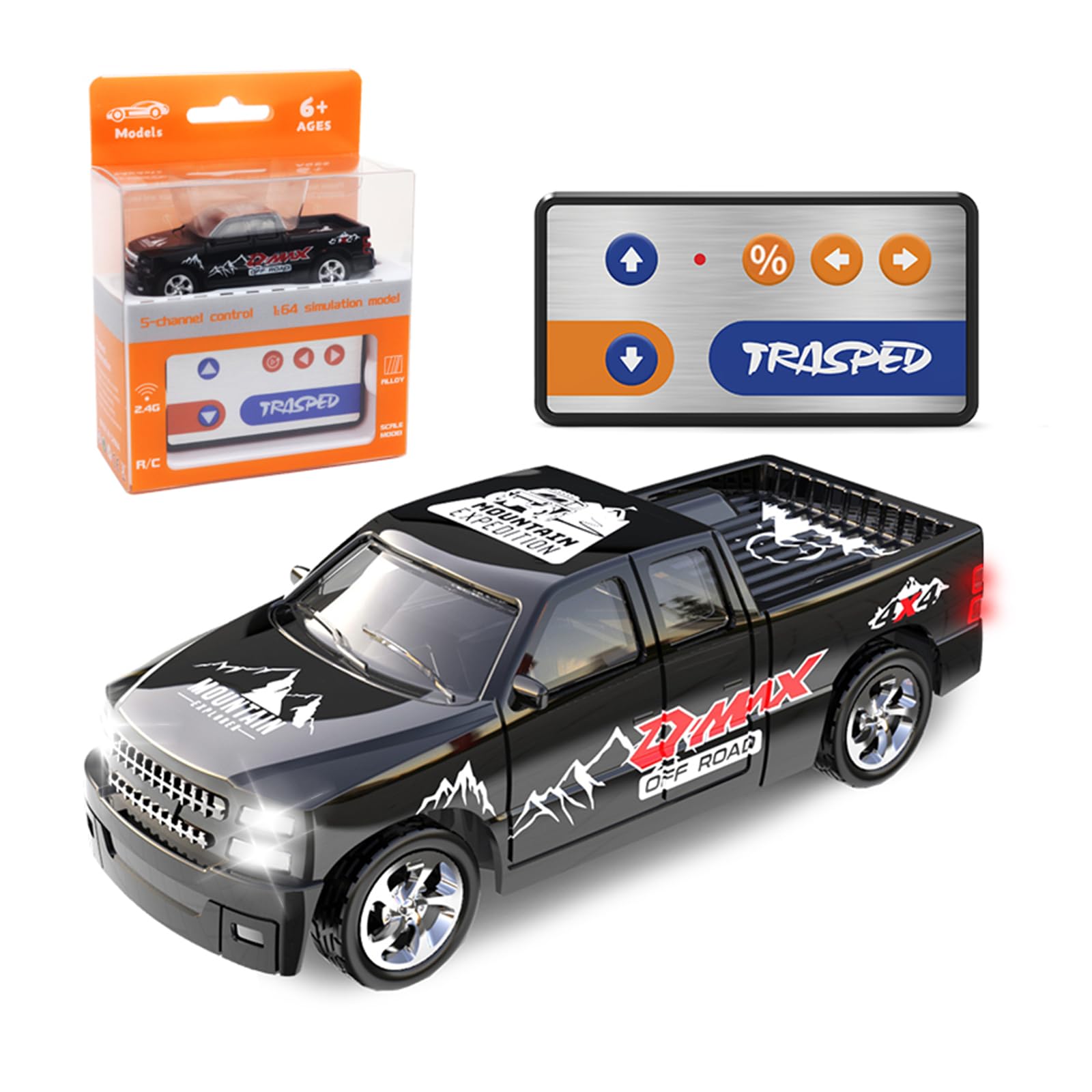 FOGULO 1:64 Black Remote Control Toy Cars for Kids 2.4Ghz Adjustable Speed Scale Alloy Pickup RC Trucks with Trailer & Car Lights,USB-C Recharging,Easy to Operate,Festive Gift for Children,Boys,Girls