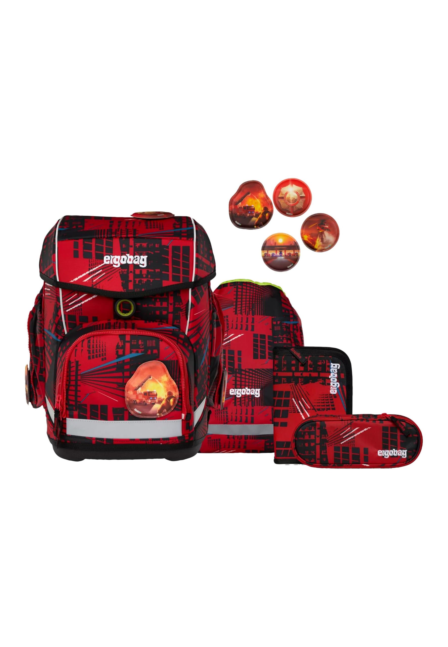 ergobag Schulranzen-Set cubo Set AlarmBärreitschaft - Rot | Ergonomischer Schulranzen Klassisch, 5-teilig, für die 1. Klasse Grundschule, Kollektion AW24/25