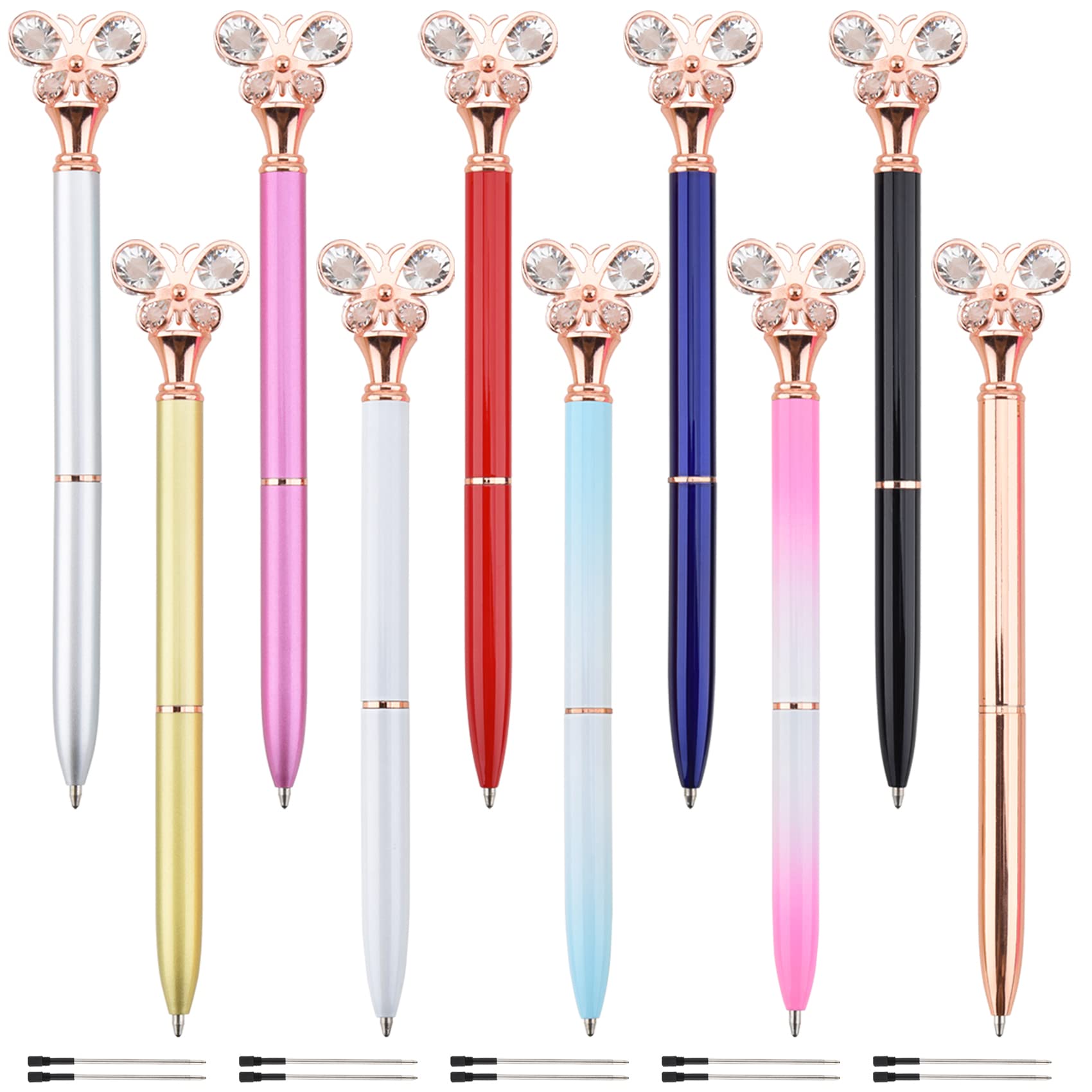 10 PCS Butterfly Diamond Pens Cute Ballpoint Pens, Cool Ballpoint Pens for Women, Retractable Metal Crystal Journaling Pens, Black Ink Medium Point 1.0 mm Gift Pens, School and Office Supplies - 