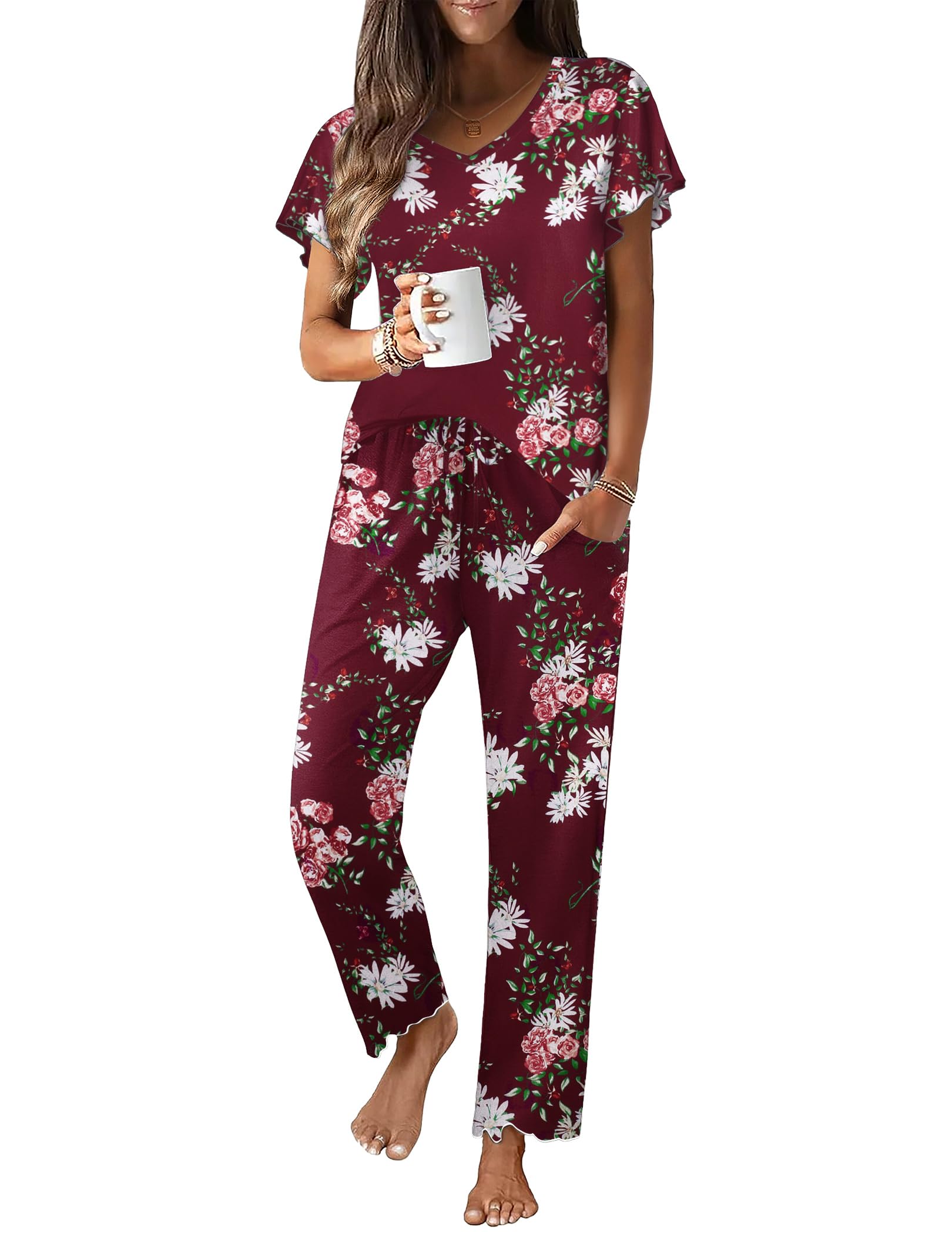 Ekouaer Pajama Sets Womens Short Sleeve Sleepwear Long Pants Pjs 2 Piece Lounge Set Soft Nightwear S-XXL