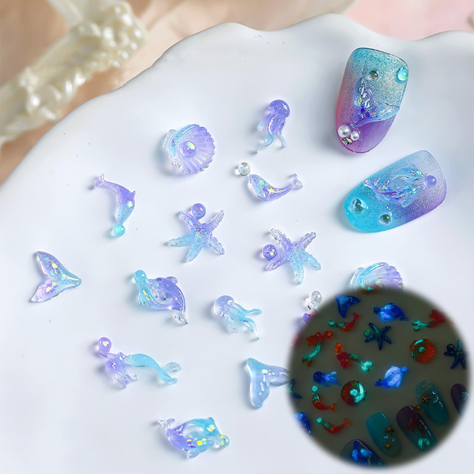 Mkwntg 100Pcs Ocean Series Nails Charms 3D Blue Seashell Starfish Nail Rhinestones Resin Dolphin Mermaid Flat Nail Art Supplies for Acrylic Nails Glow