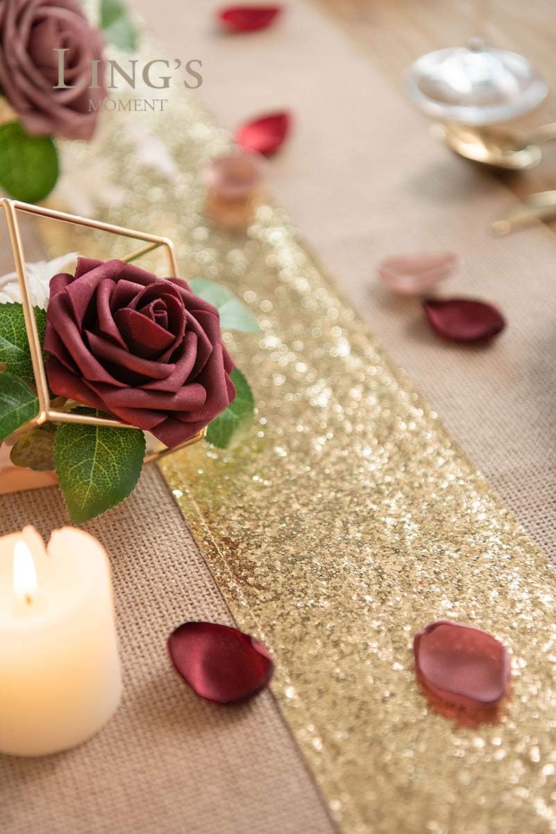 Ling's Moment 12 x 108 Inches Burlap Table Runner Splicing Sequin Table Runner Glitter Gold Jute Hessian Farmhouse Table Decor