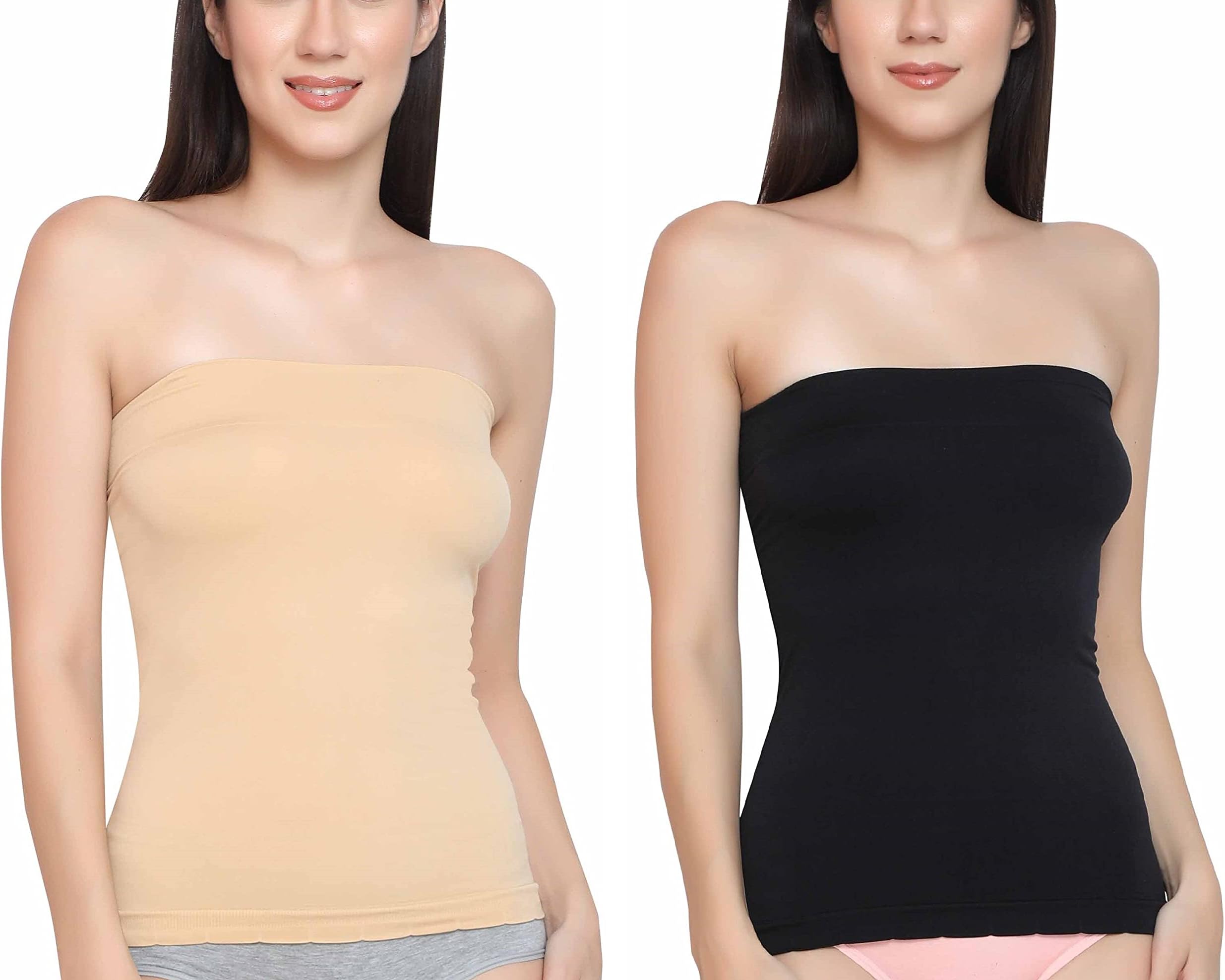 Women's Nylon Spandex Long Bandeau Tube Top Inner Camisole Non Padded Wire Free Seamless Strapless Stretchable Bralette - Free Size Pack of 2