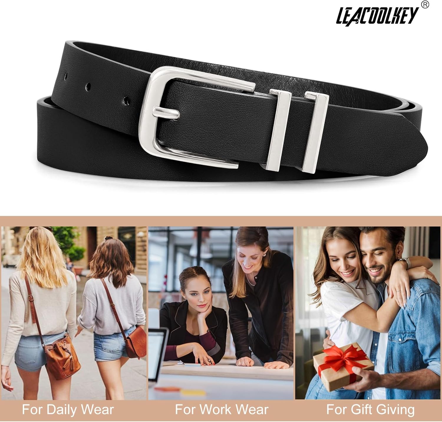 LEACOOLKEY 3 Pack Women's Leather Belts for Jeans Dress Pants Fashion Ladies Leather Belts with Gold Buckle - Image 6