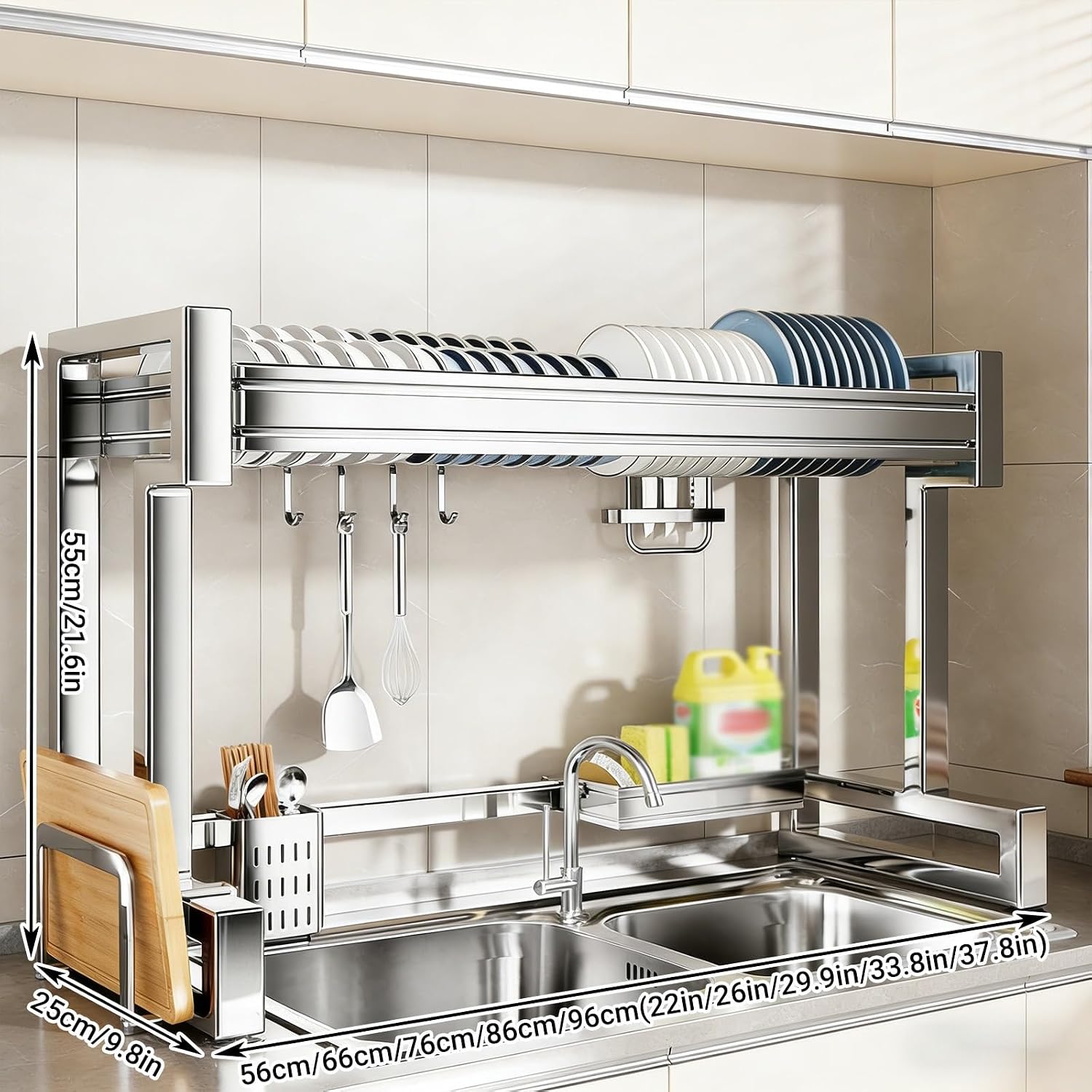 Over The Sink Dish Drying Rack, Multifunctional 304 Stainless Steel Sink Shelf, Space-Saving Dish Rack for Storage Kitchen, for Dishes, Glasses, Cutlery(Single Layer,56cm/22in)