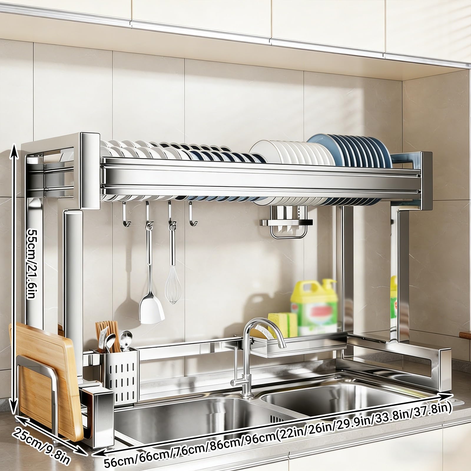 Estante de secado de platos de acero inoxidable 304, estante de almacenamiento de cocina que ahorra espacio para platos, vasos, cubiertos