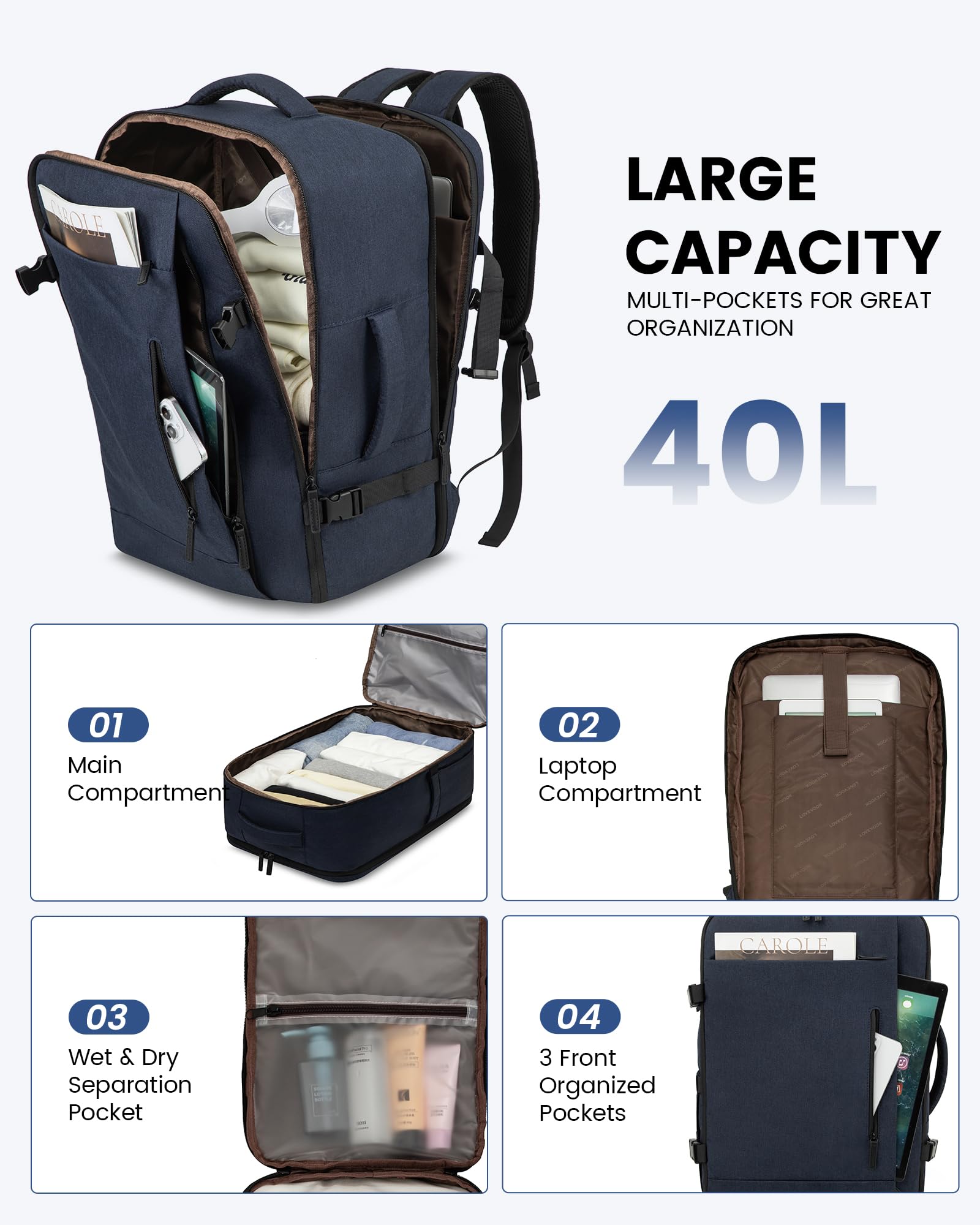 LOVEVOOK Zaino da Viaggio Aereo Bagaglio a Mano 40L Grande Borsa da Cabina per Voli Impermeabile Antifurto Zaino Viaggio Uomo Donna 17,3 Pollici Zaino Porta PC per Scuola Lavoro Trekking, Blu Scuro