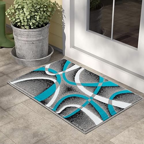 GLORY RUGS Alfombra de área de 2 x 3 pulgadas color turquesa alfombra moderna con espirales para dormitorio sala de estar comedor contemporáneo