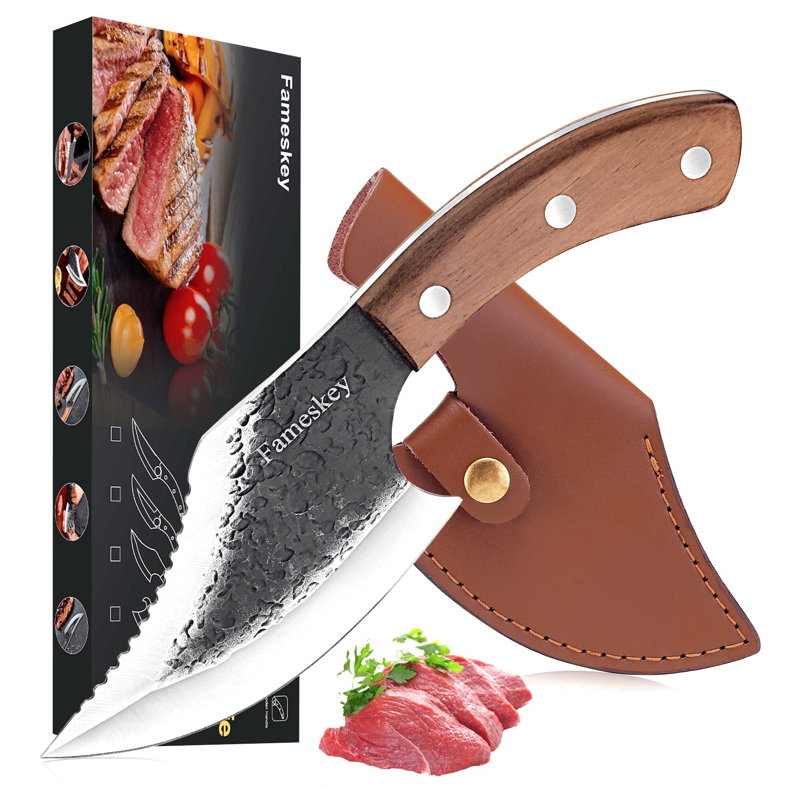 Hand Forged Viking Cleaver Knives 5.5 Inch Kitchen Japanese Chef Knife with Leather Sheath and Gift Box Vegetable Knives Outdoor Butcher Knife Axe Boning Knife for Home, Camping, BBQ