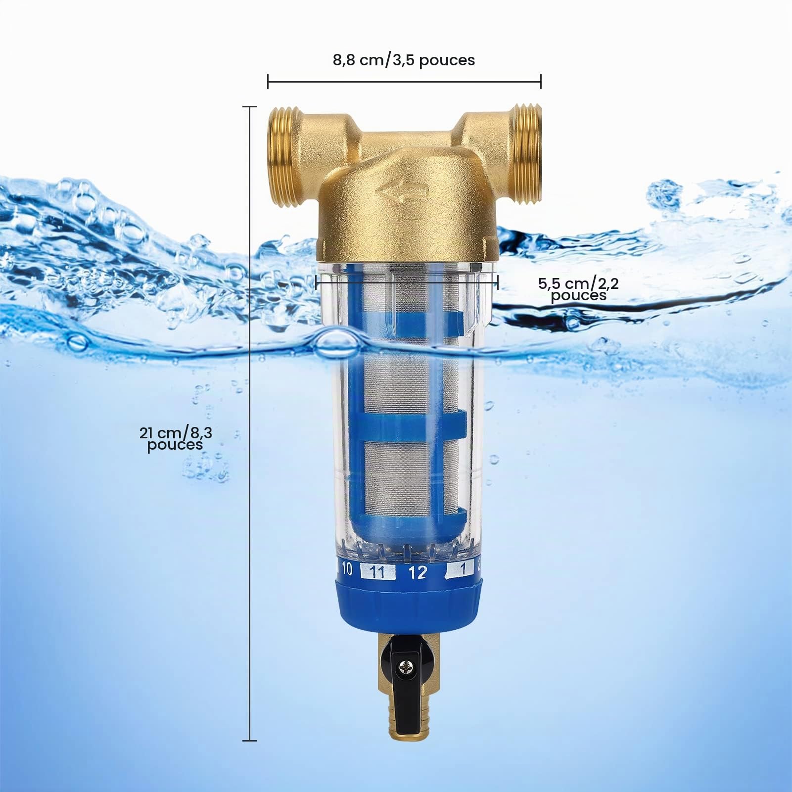 AYNEFY Filtre à Eau Sediment, 50 Microns, Réutilisable, G1 MNPT + G3/4 FNPT, pour Purificateur d'eau Intérieur