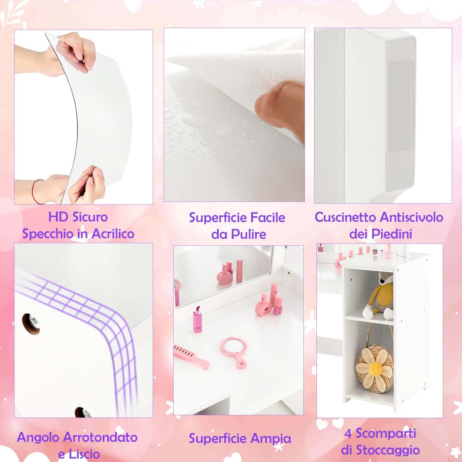 Toeletta Unicorno Per Bambini LIFEZEAL - Con Specchio, Sgabello E Cassetto, In Legno, Rosso - Foto 9