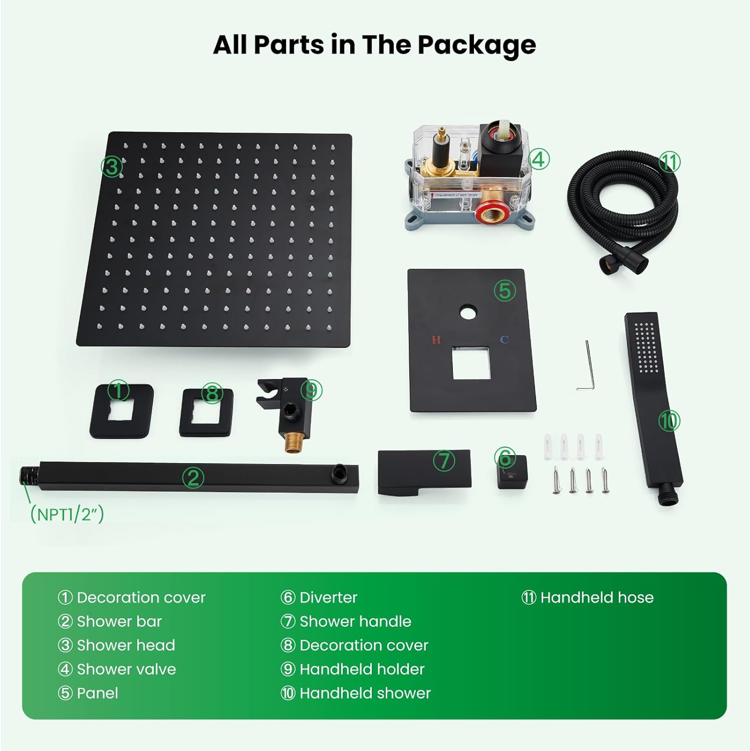 gotonovo Rainfall Bathroom Shower System Rain Shower Head and Handle Set Wall Mounted Shower Complete Combo Solid Brass Pressure Balancing Shower Mixer Valve 12 Inch Matte Black - Image 9