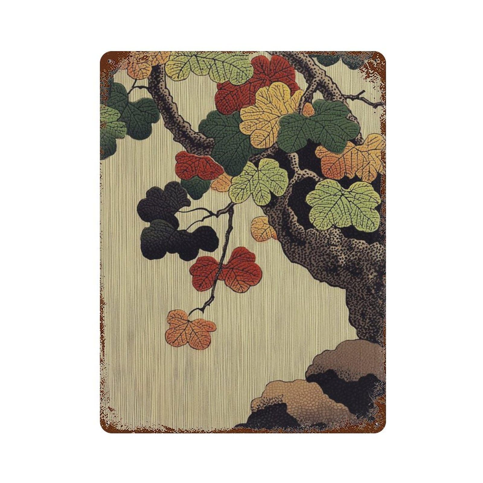 xiaoxiaoshen Japanese Maple Leaf Woodblock Style Botanical Autumn Nature Asian Landscape Wall Decor Art Metal Tin Poster Modern Home Decor Art Home Bar Shop Decorations Vintage Sign 40x30cm