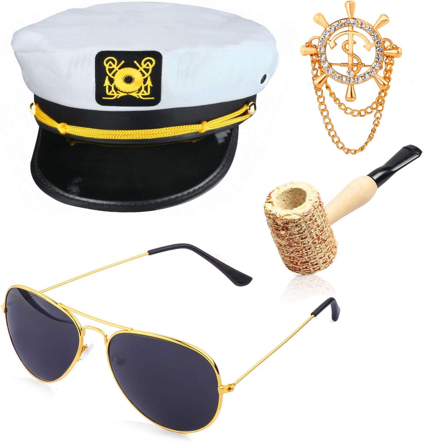 Beelittle Yacht Capitán Sombrero Accesorios de Disfraces Conjunto Barco Ajustable Marinero Nave Skipper Gorra Aviador Gafas de Sol Pipa de Tabaco con Accesorios de diseño de Ancla (H)