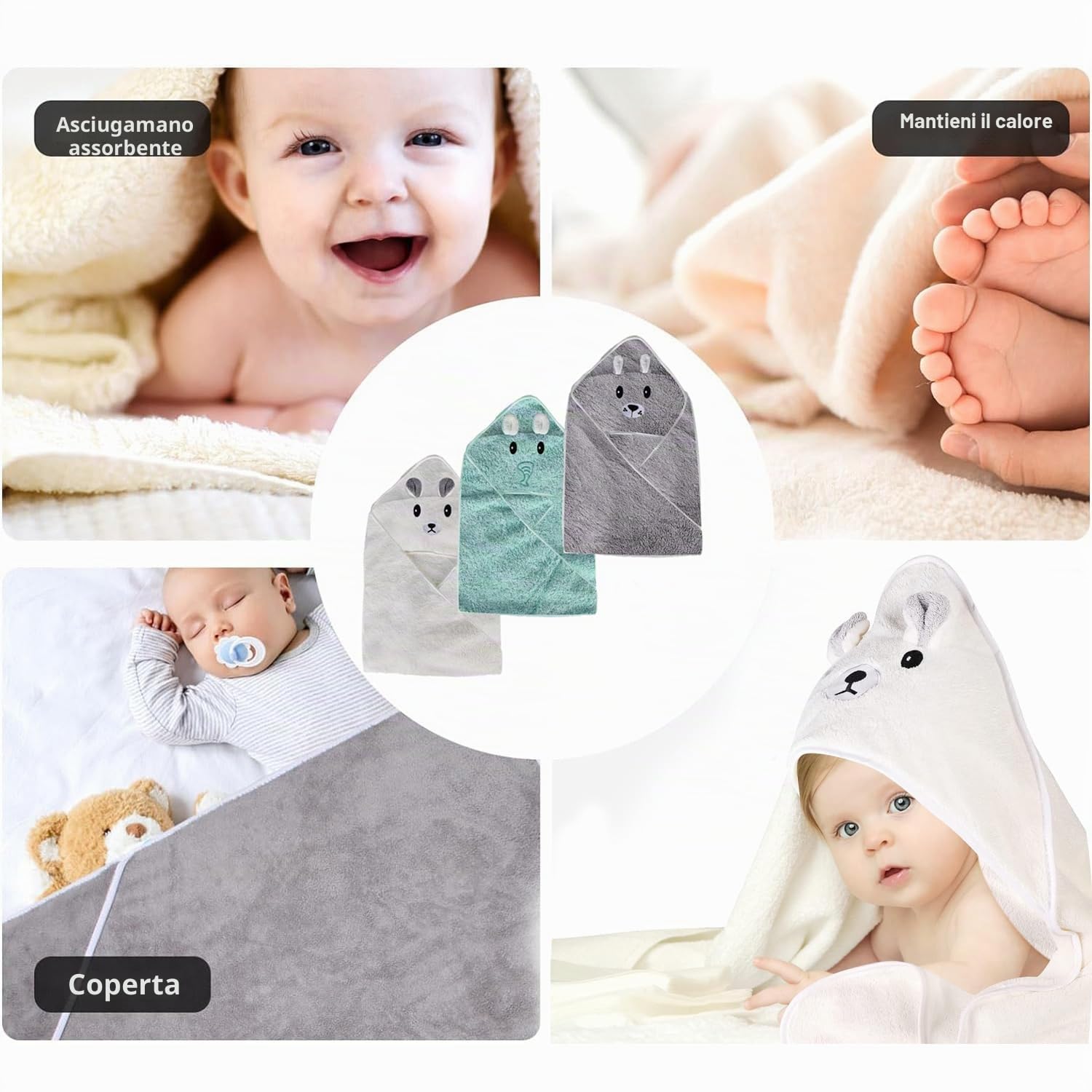 Funmo 3Pz Asciugamano con Cappuccio Set Asciugamano Neonato con Cappuccio, Accappatoio Neonato,Asciugamano Morbido e Super Assorbente per Neonati e Bambini 0-3 Anni