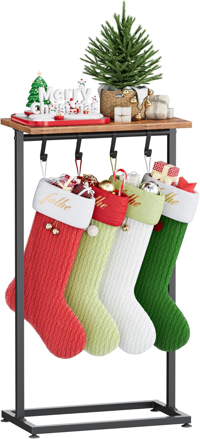 Christmas Stocking Holder Stand with Shelf, Free Standing Stocking Rack with 4 Removable Hooks，Heavy Duty Metal Storage Shelf for Gifts and Decor, Adjustable Feet, Black