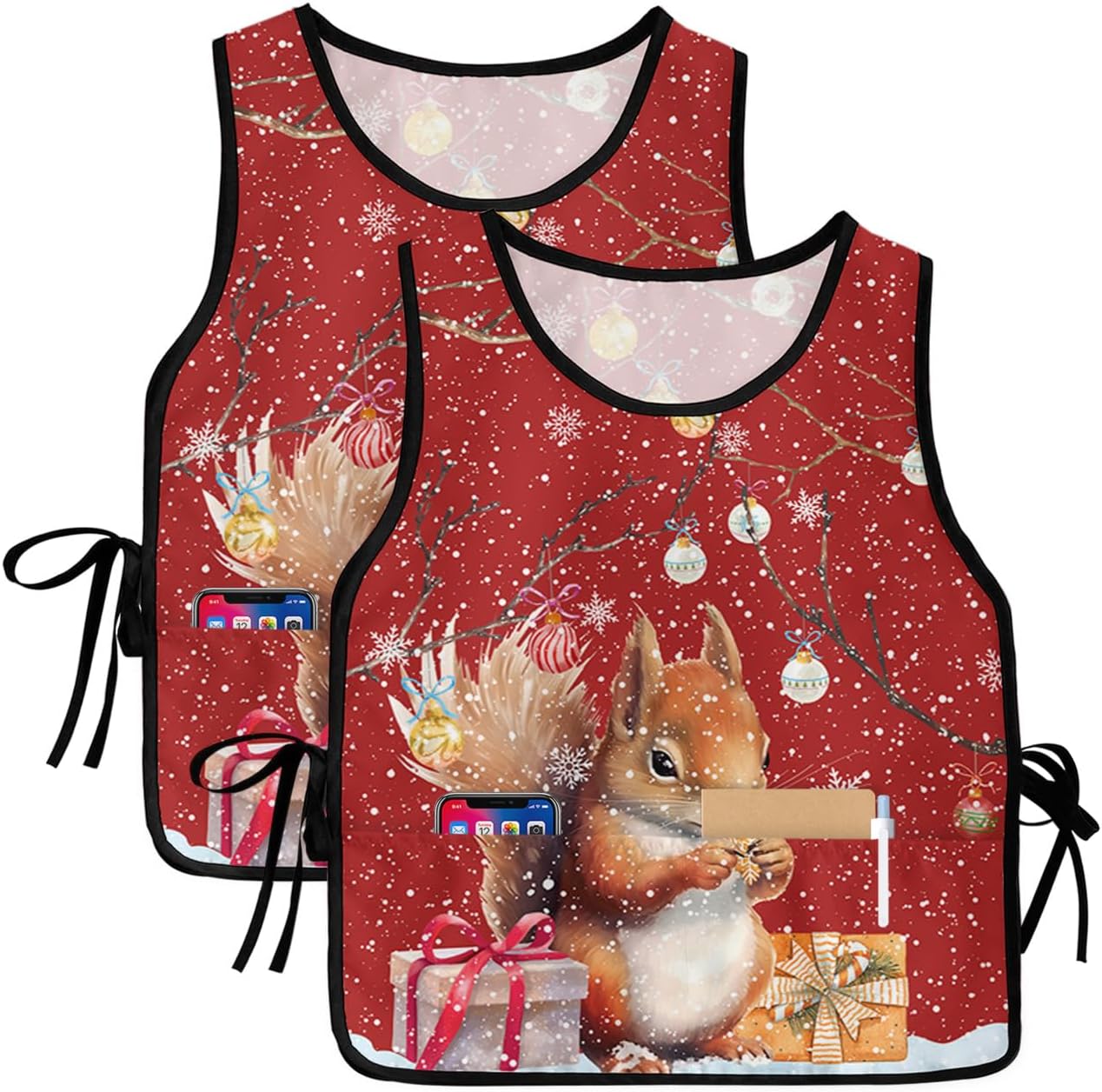 Country Squirrel Cobbler Aprons with 2 Pockets for Women Men, Fashionable Printed Unisex Bib Waterproof Cleaning Smock Vest for Chef Kitchen Christmas Red Balls Snowflake 2 Packs, 20''x 31.5''