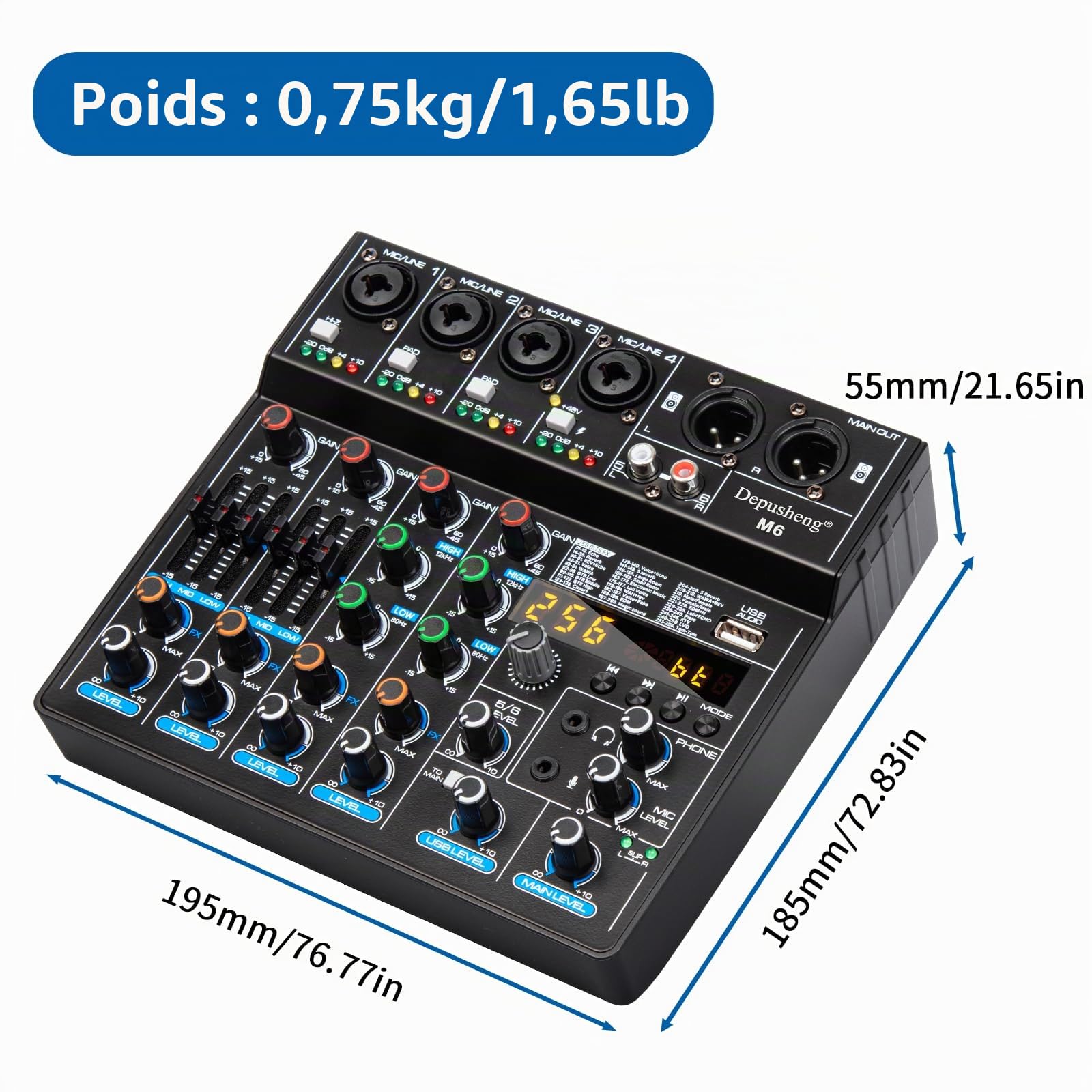 Depusheng M6 DJ Mixer portable MP3 Bluetooth 6 canaux Audio Table de mixage intégrée 256 effets numériques Interface USB pour l'enregistrement informatique en direct Streaming Podcasting Karaoké