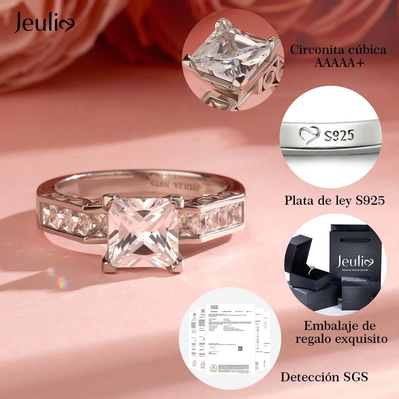 Jeulia Anillo de compromiso de diamante de Eternity para mujer: plata de ley con corte princesa de 4 puntas, anillos de circonita, joyas de aniversario con caja de regalo