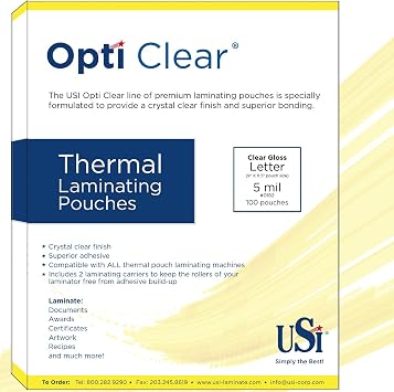 USI Opti Clear Premium Thermal Laminating Pouches, Letter Size, 5 Mil, 9 x 11.5 Inches, 100-Pack
