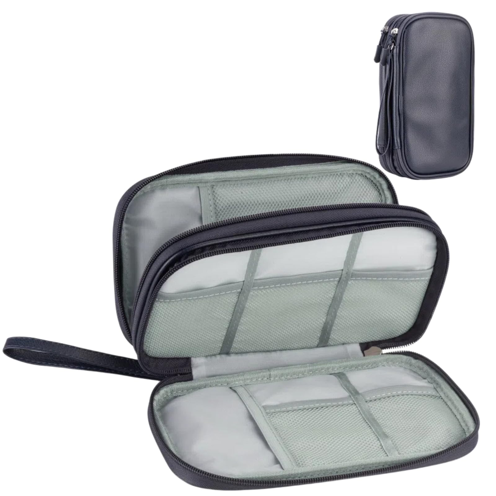 Arae Elektronik Zubehör Organizer, Kabeltasche Travel Essentials, Doppelschicht Reise Kabel Tasche, Electronic Accessories für Ladegerät, USB, SD Karten (Leder Dunkelblau, M)