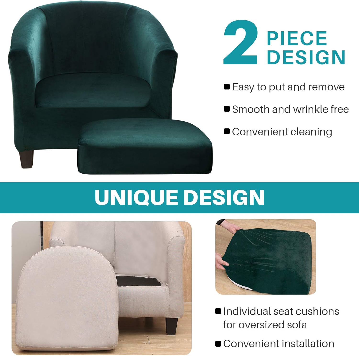 Tub Chair Slipcover 2-Piece Velvet Stretch Barrel Club Chair Covers with Cushion Cover Soft Washable Armchair Sofa Couch Furniture Protector for Living Room Counter Hotel (Emerald Green)