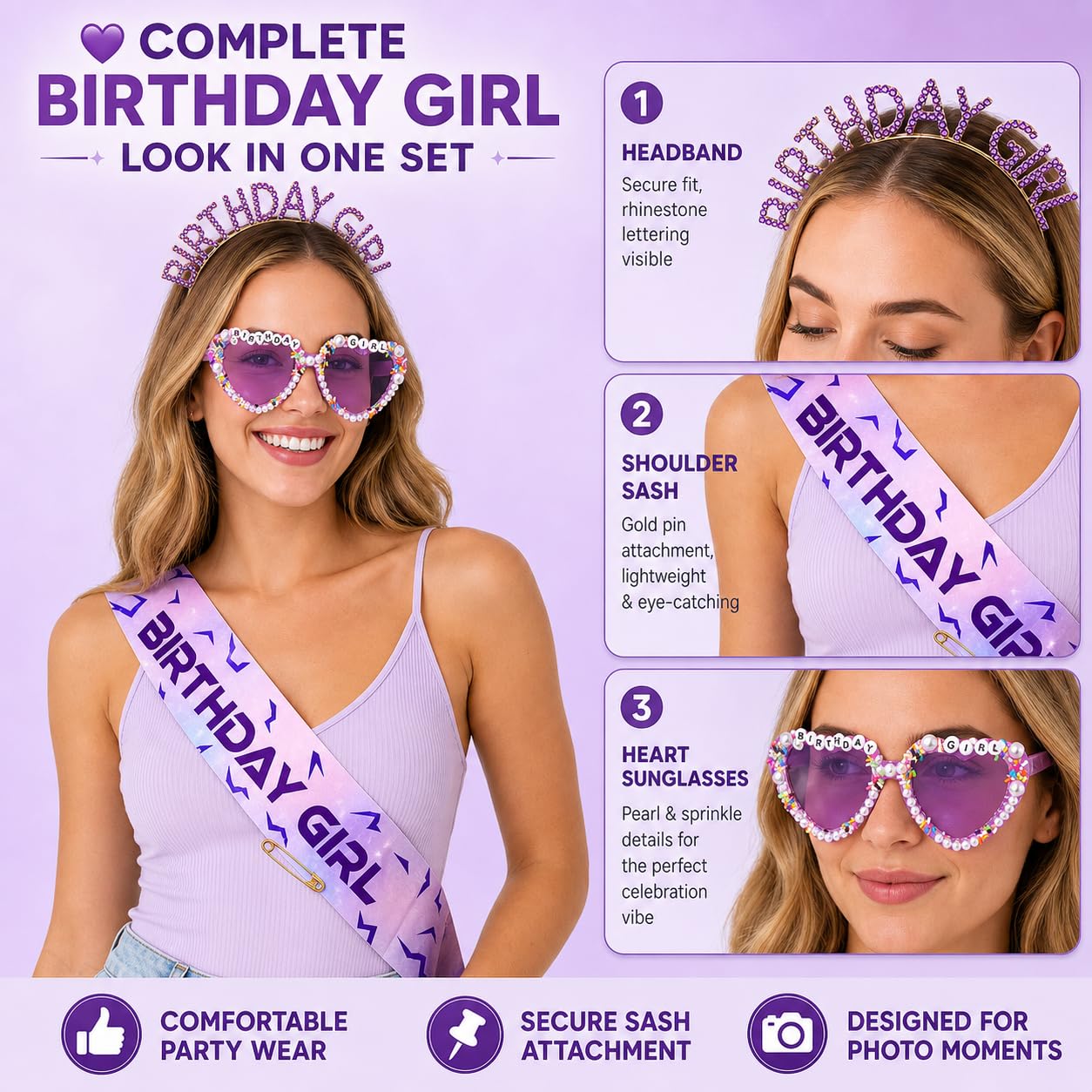 Kit di accessori per compleanno, fascia e accessori per foto per incontri | Fascia viola di compleanno, occhiali da sole e fascia con cuore perlato, accessori per compleanno in stile K