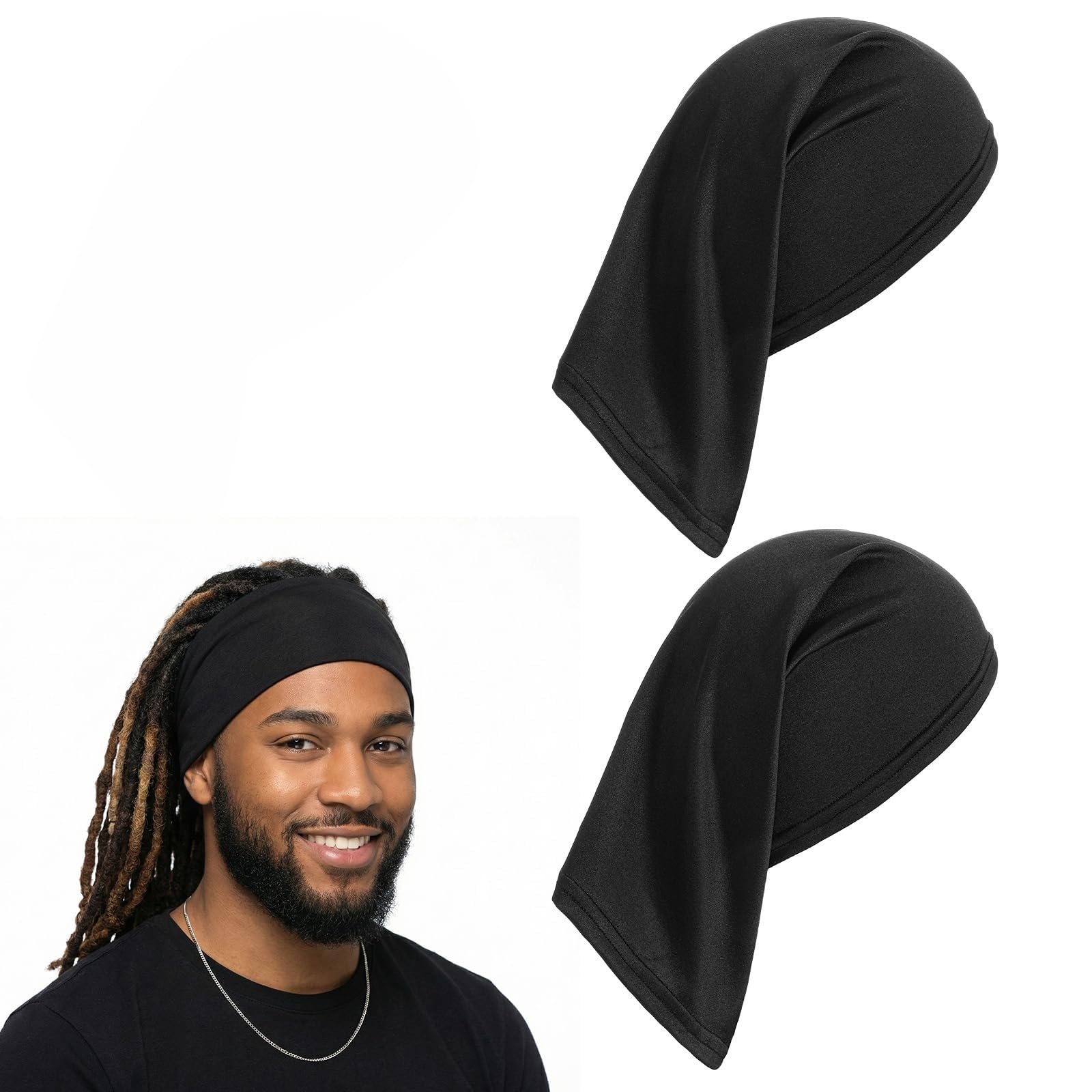2 Pack Soft Stretch Hairs Tube Headband, Multi-Functional Elastic Long Hair Cover Wrap, Breathable Stretch Hair Sleeve Sleeping Head Cover Unisex Headband for Men Sports Daily Night Sleep Use, Black-image-16
