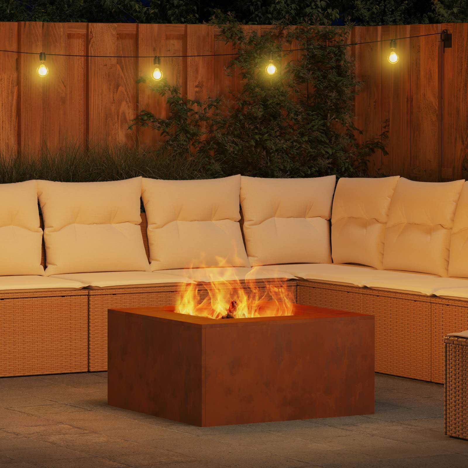Feuerstelle Braun aus wetterfestem Stahl 80 x 80 x 40 cm, freistehend für Outdoor Terrasse, Moderne rechteckige Gartenheizung mit effizienter Flamme und stilvoller Wärme für gemütliche