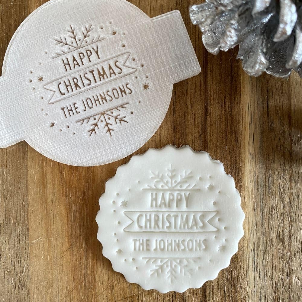 Luck And Luck Clear Personalised Happy Christmas Family Surname Fondant Embosser, Custom Cookie Biscuit Stamp, Festive Cake Decorating, Cupcake Icing Decoration