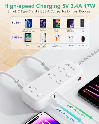 Miniatura 3 de Regleta protectora de sobretensiones de 15 pies con interruptores individuales, 6 tomas, 3 USB (17 W USB C), cable trenzado de enchufe plano