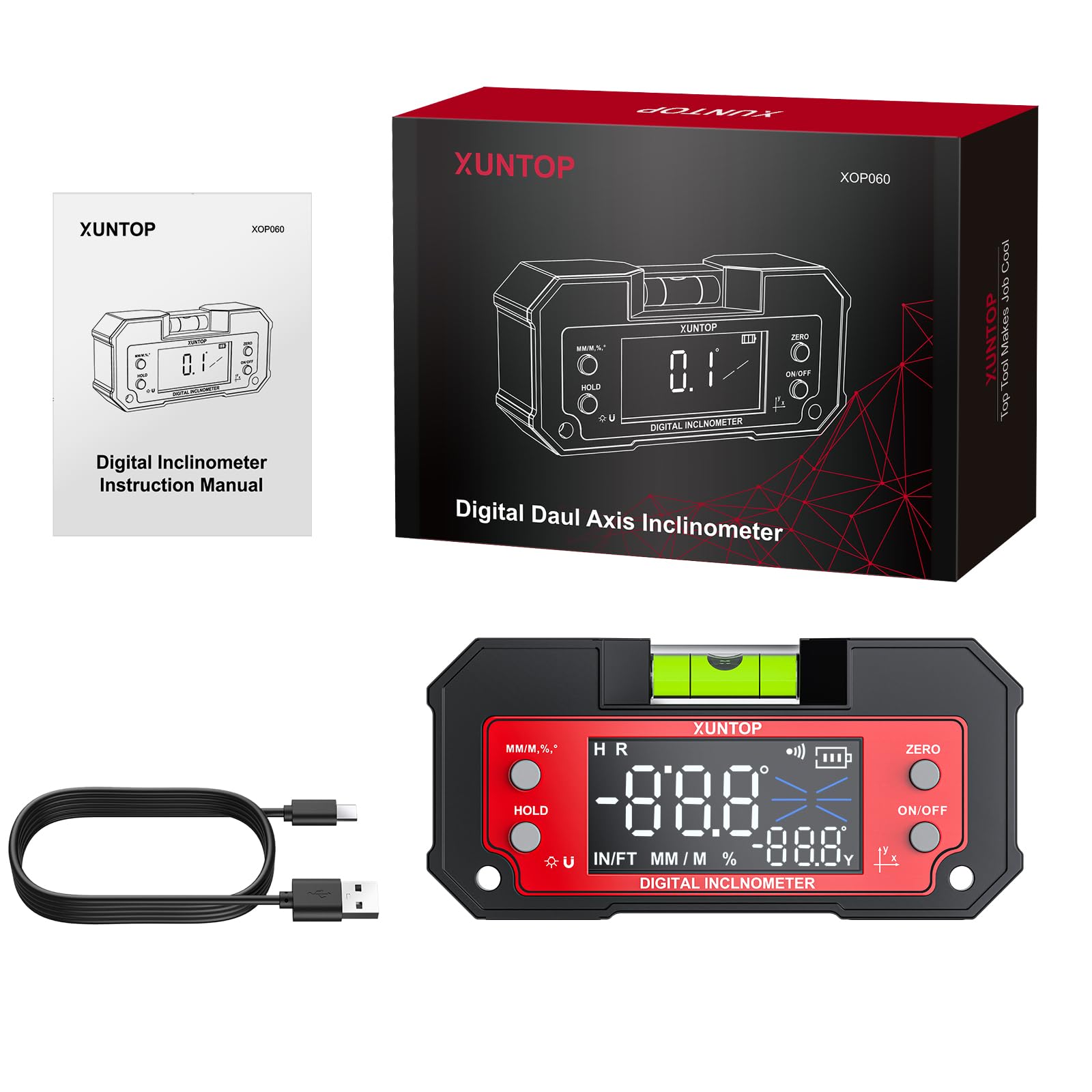 XUNTOP Inclinomètre Numérique Double Axe LED Rechargeable - Niveau Électronique Professionnel à Haute Précision avec Base Magnétique et Niveau à Bulle Intégré pour Chantier, Menuiserie, Bricolage