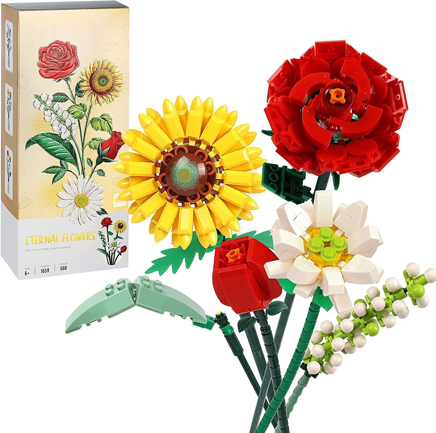 VRBFF Çiçek Buketi Yapı Seti, Yapay Gül Çiçekleri Yapı Taşları, Kendin Yap Benzersiz Dekorasyon Ev, Botanik Koleksiyonu (568 ADET (Ayçiçeği/Gül/Zambak/Papatya))