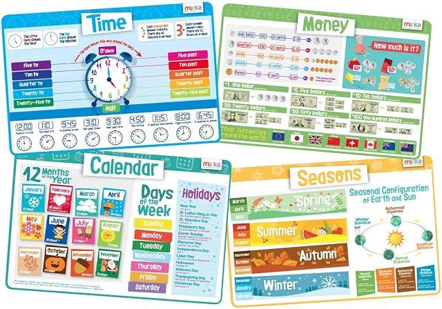 merka Kids' Educational Placemats  Reusable, Non-Slip, Silicone Plastic Mats for The Dining Table  A Learning Tool for Toddlers & Preschoolers  Set of 4 Mats: Time, Money, Calendar, Seasons