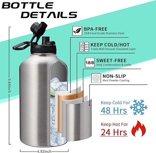 Miniatura 4 de Botella de acero inoxidable de 64 oz (1 galón) con pajilla, aislamiento, jarra de agua de medio galón (boca ancha), termo metálico con asa de cuerda