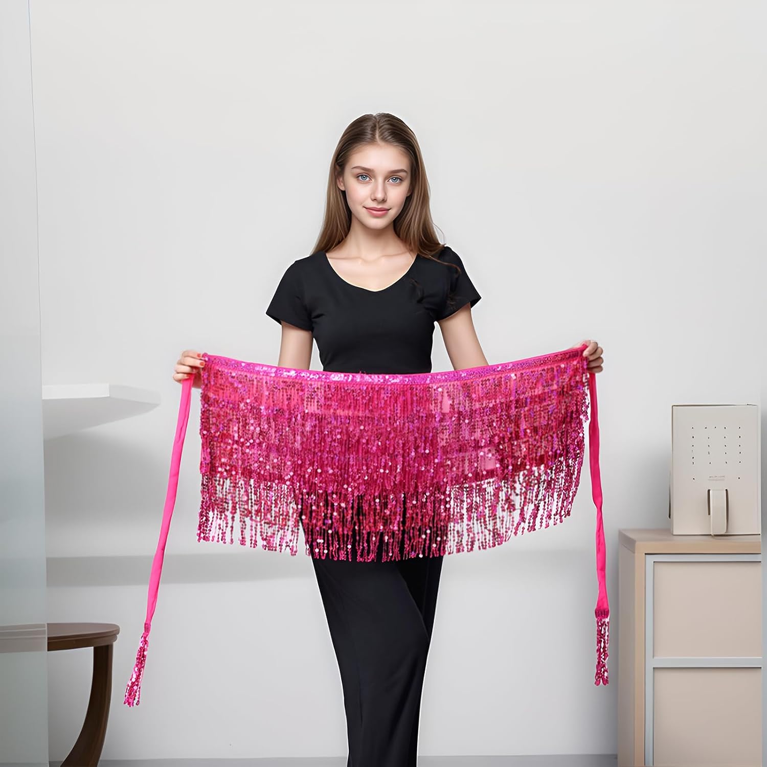 Belly Dance Hip Scarf Sequin Tassel Skirt Wrap Sparkly Rave Costume for Women - Image 2