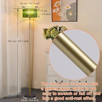 Modern Crystal Floor Lamp, Gold Standing Light with Green Crystal Shade, Mid Century Pole Lamp for Living Room, Bedroom, Corner Office (Gold and Green)