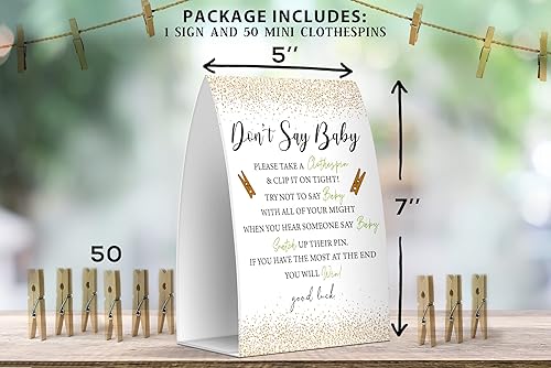 Miniatura 2 de Juego de texto en inglés "Don't Say Baby", un letrero de 5 x 7 pulgadas y 50 mini pinzas para la ropa, juegos de baby shower, decoración de baby