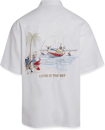 Mens Embroidered Catch of the Day Hawaiian Shirt Short Sleeve Button Up Shirt