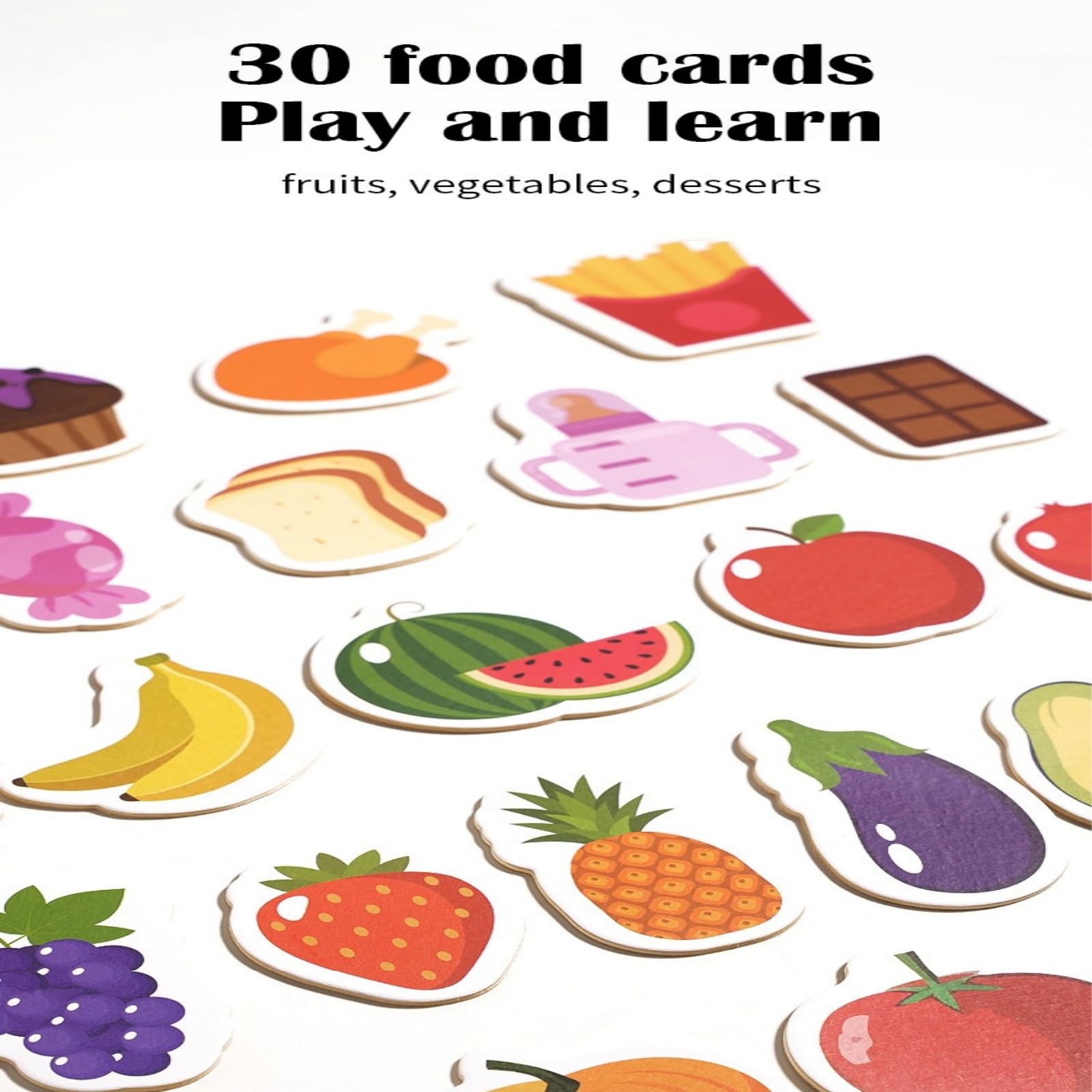 Juguete de alimentación de madera para niños pequeños: Montessori Juego de comida de juego de simulación para niños con 30 alimentos diferentes, cuenco y cuchara, juguetes de aprendizaje 2