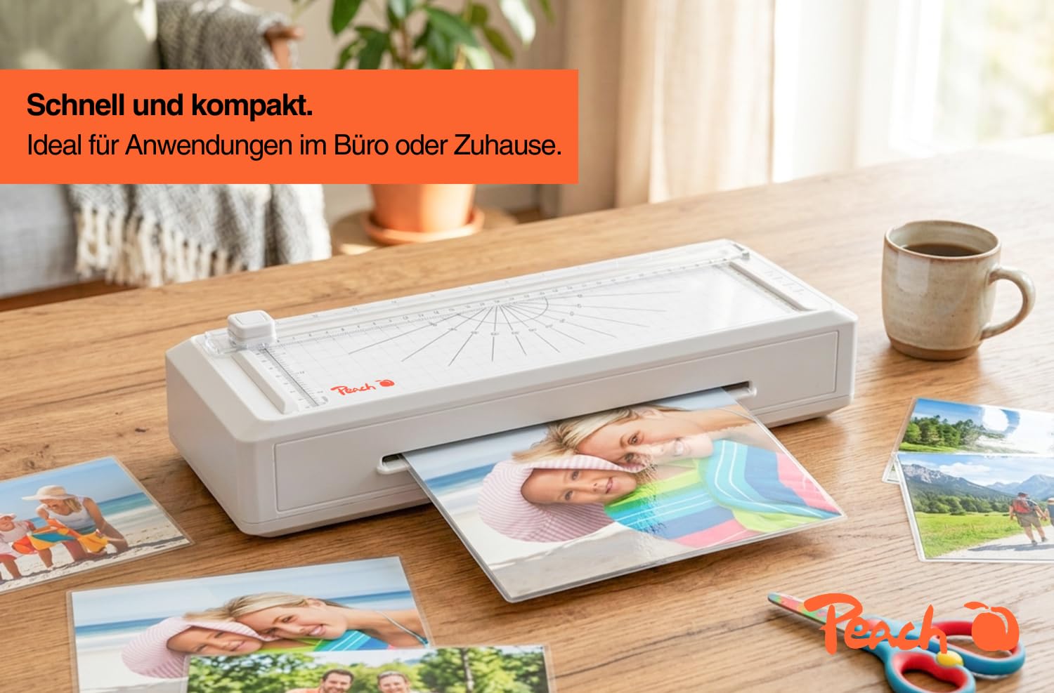 Peach Plastificatrice 3 in 1 A4, Plug & Play, senza tempo di riscaldamento, con trimmer e pellicole plastificanti, adatta per tutte le pellicole comuni fino a 250 mic PBP351A