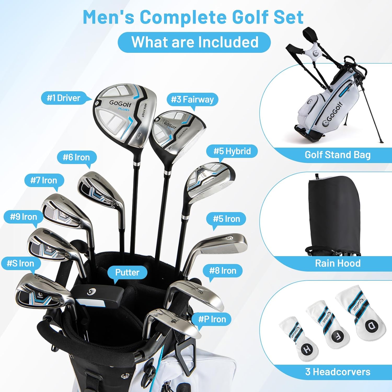Tangkula 12 Pieces Men’s Complete Golf Club Set Right Hand, Golf Club Package Set with 460CC #1 Driver & #3 Fairway & #5 Hybrid & #5/#6/#7/#8/#9/#P/#S Irons, Putter, Rain Hood, Portable Golf Stand Bag