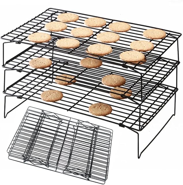 Dproptel Cooling Rack, 3 Tier Non Stick Cake Cooling Tray, Stainless Steel Baking Rack Cooler, Wire Cooling Rack, Stackable Cake Cooling Rack with Folding Legs for Baking Biscuits Bread Cake, Black