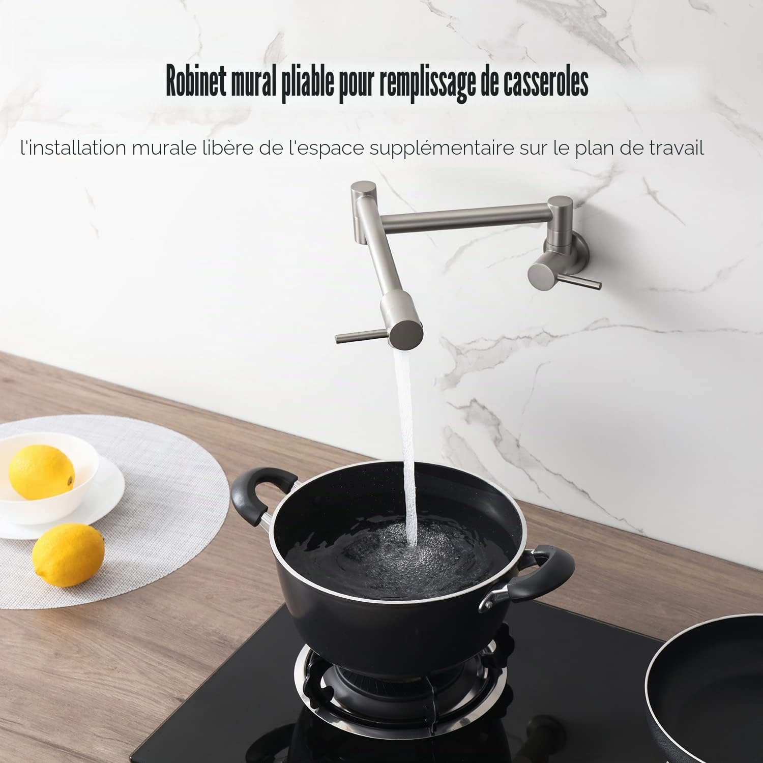 Robinets de cuisine, montage mural, double articulation, bras pivotant, évier de cuisine, pliable, extensible, avec un trou, deux poignées (nickel brossé)