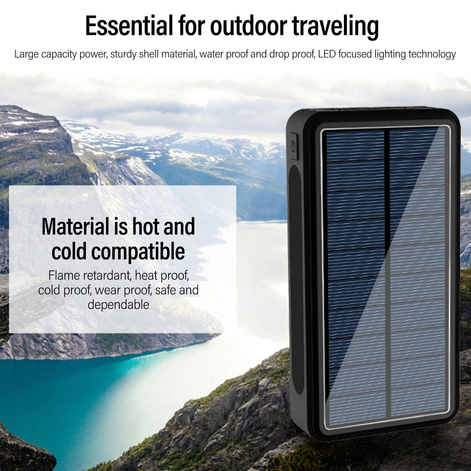 Banque D'énergie Solaire 50000 MAh Chargeur Portable en Alliage D'aluminium avec Lampe de Camping LED USB C Charge Rapide pour Camping en Plein Air, Randonnée d'urgence, Voyage (Black)