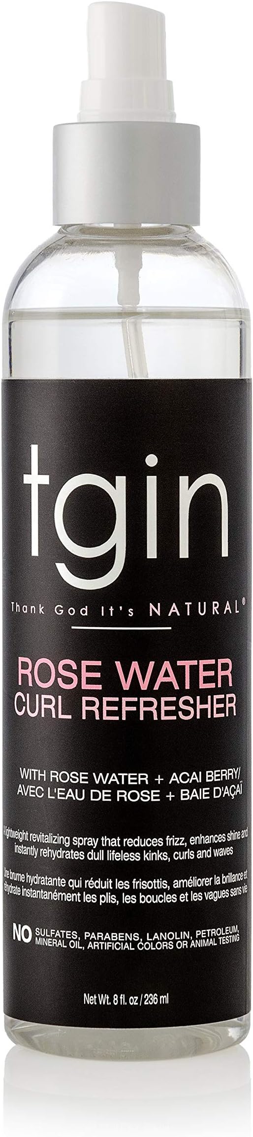 tgin Rose Water Curl Refresher – Curl Spray for Curly, Coily, and Wavy Hair – tgin Hair Products Enhances Shine, Reduces Frizz, and Moisturizes Dry Curls & Scalp – Acai Berry & Rose Water – 8 Fl Oz