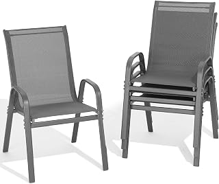 Dovov Stackable Patio Chairs Set of 4 Grey - All-Weather Breathable Outdoor Dining Chairs, High Back Wide Seat, 300 lbs Capacity