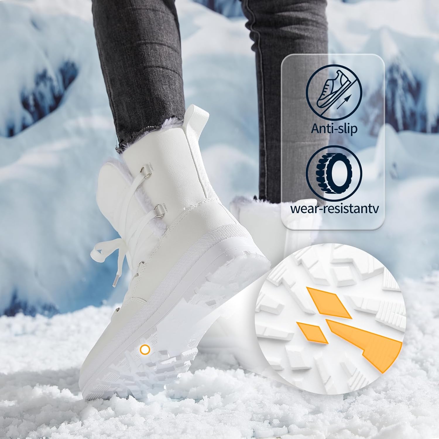 Rominz Women's Winter Snow Boots - Waterproof Black Fur Lined Warm Mid Calf Non-Slip Ankle Boots - White Lace-Up Platform - Image 2